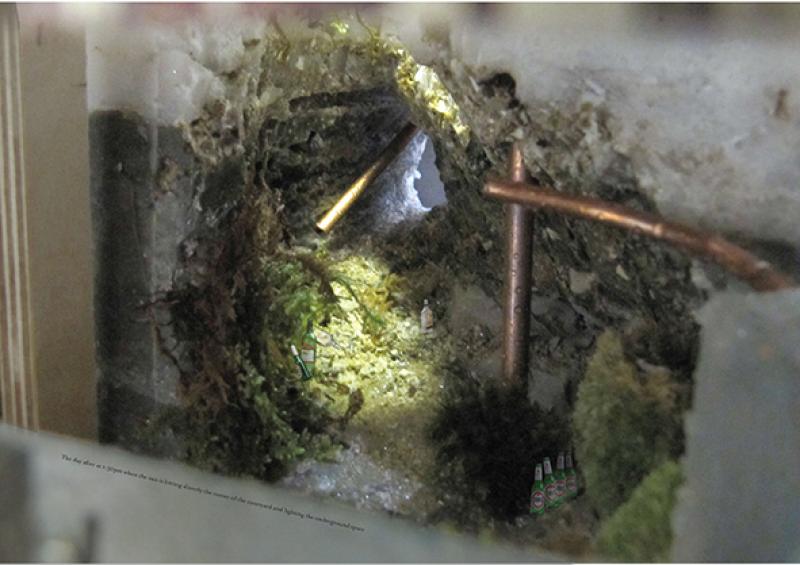 Water is feeding the greenery from the copper tubes embedded in the walls, the sun is hitting the centre of the courtyard and lighting the underground level.
the humidity level is 80% and it is 13°C, empty bottles from the last event are still spread everywhere.
model made of wax, concrete, chalk, copper pipe, water, pump, mosses.